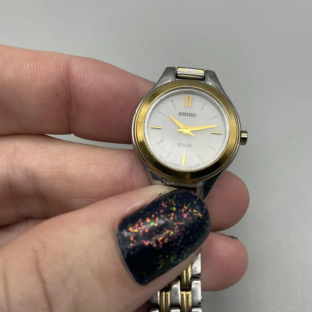 Seiko Solar Womens Watch 22mm Two Tone V115-0AX0 White Dial Stainless 7